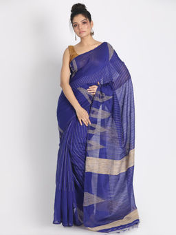Angoshobha - Blue Cotton Silk Stripes Handloom Saree with Unstitched Blouse