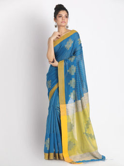 Angoshobha - Blue Cotton Silk Fabric Woven Saree with Unstitched Blouse