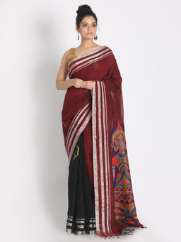 Angoshobha - Maroon Linen Woven Saree with Unstitched Blouse