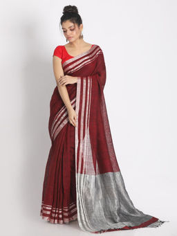 Angoshobha - Maroon Linen Colorblock Handloom Saree with Unstitched Blouse