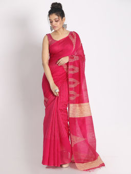 Angoshobha - Pink Blended Fabric Stripes Handloom Saree with Unstitched Blouse