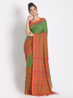 Angoshobha - Green Cotton Woven Saree with Unstitched Blouse