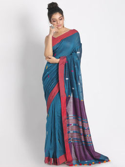 Angoshobha - Teal Cotton Woven Saree with Unstitched Blouse