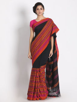 Angoshobha - Black Cotton Woven Saree with Unstitched Blouse