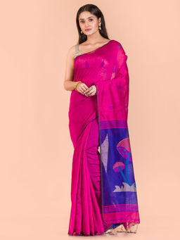 Angoshobha - Pink Blended Fabric Woven Saree with Unstitched Blouse