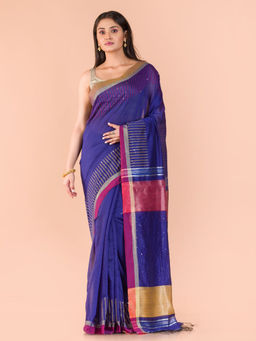 Angoshobha - Blue Blended Fabric Woven Saree with Unstitched Blouse