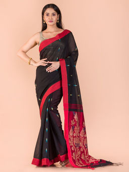 Angoshobha - Black Cotton Silk Floral Handloom Saree with Unstitched Blouse