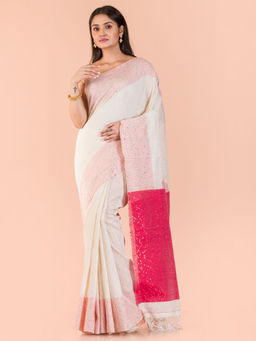 Angoshobha - Off White Silk Colorblock Handloom Saree with Unstitched Blouse