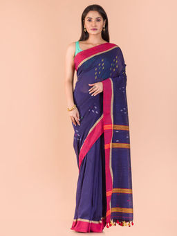 Angoshobha - Navy Blue Cotton Woven Saree with Unstitched Blouse