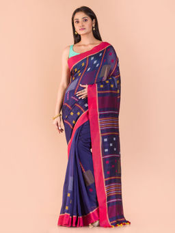 Angoshobha - Navy Blue Cotton Woven Saree with Unstitched Blouse