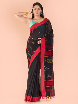 Angoshobha - Black Cotton Woven Saree with Unstitched Blouse