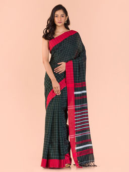 Angoshobha - Green Cotton Checks Handloom Saree with Unstitched Blouse
