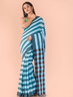 Angoshobha - Blue Cotton Checks Handloom Saree with Unstitched Blouse