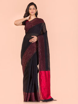 Angoshobha - Black Silk Colorblock Handloom Saree with Unstitched Blouse
