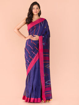 Angoshobha - Navy Blue Cotton Woven Saree with Unstitched Blouse
