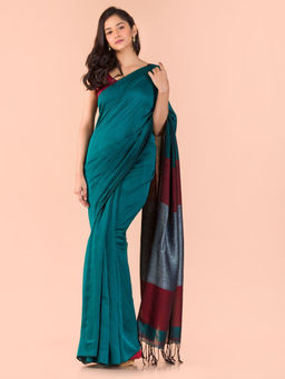 Angoshobha - Green Cotton Colorblock Handloom Saree with Unstitched Blouse