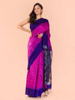 Angoshobha - Pink Silk Colorblock Handloom Saree with Unstitched Blouse