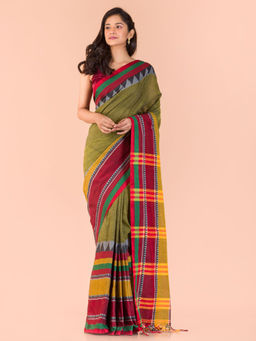 Angoshobha - Olive Cotton Woven Saree with Unstitched Blouse