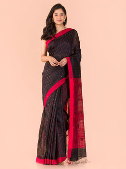 Angoshobha - Black Silk Stripes Handloom Saree with Unstitched Blouse