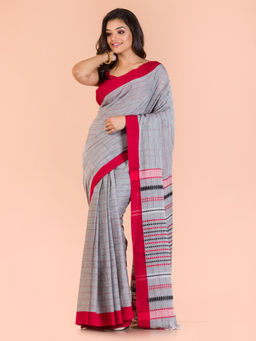 Angoshobha - Grey Cotton Checks Handloom Saree with Unstitched Blouse