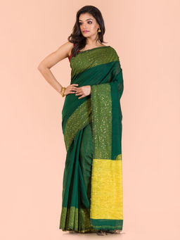 Angoshobha - Green Silk Colorblock Handloom Saree with Unstitched Blouse