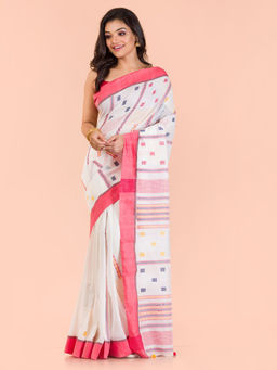 Angoshobha - White Cotton Woven Saree with Unstitched Blouse
