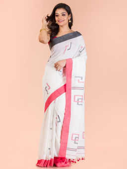 Angoshobha - White Cotton Woven Saree with Unstitched Blouse