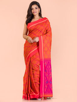 Angoshobha - Orange Blended Fabric Woven Saree with Unstitched Blouse