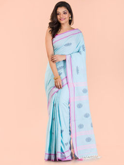 Angoshobha - Blue Cotton Floral Handloom Saree with Unstitched Blouse