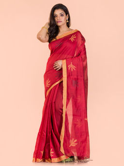 Angoshobha - Red Blended Fabric Floral Handloom Saree with Unstitched Blouse