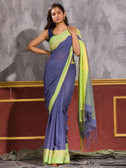 Angoshobha - Blue Cotton Colorblock Handloom Saree with Unstitched Blouse