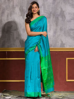 Angoshobha - Turquoise Silk Colorblock Handloom Saree with Unstitched Blouse