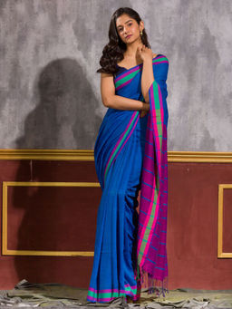 Angoshobha - Blue Cotton Stripes Handloom Saree with Unstitched Blouse