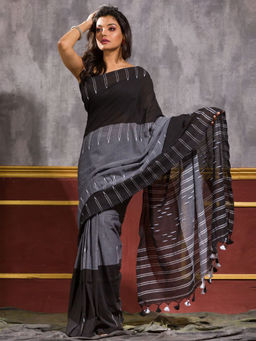 Angoshobha - Black Cotton Stripes Handloom Saree with Unstitched Blouse