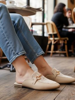 ELLE - Beige Synthetic Round Toe Mules