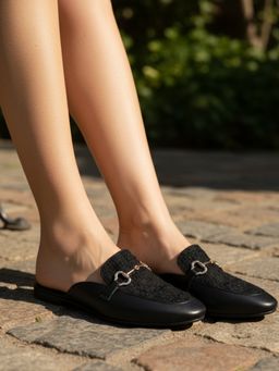 ELLE - Black Synthetic Round Toe Mules