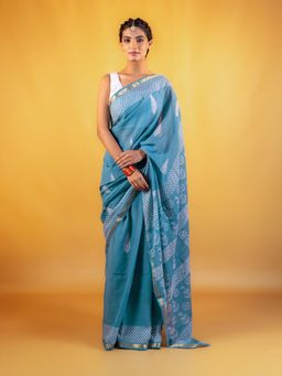 Moora - Blue Zari Border Neelambari Block Printed Saree with Unstitched Blouse