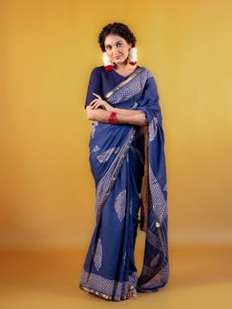 Moora - Blue Zari Border Mohana Block Printed Saree with Unstitched Blouse
