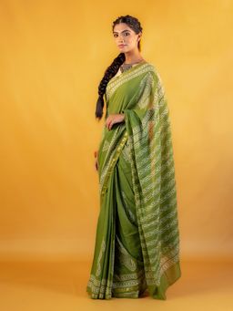 Moora - Green Zari Border Madhurika Block Printed Saree with Unstitched Blouse