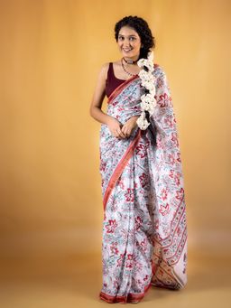 Moora - White Zari Border Tarangini Block Printed Saree with Unstitched Blouse