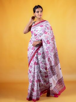 Moora - White Zari Border Vasanti Block Printed Saree with Unstitched Blouse
