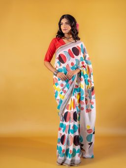 Moora - White Zari Border Varnika Block Printed Saree with Unstitched Blouse