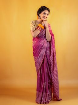 Moora - Pink Zari Border Kumudini Block Printed Saree with Unstitched Blouse