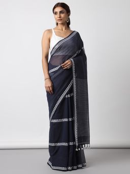 Moora - Navy Blue Sangria Hand Woven Mulmul Cotton Saree with Unstitched Blouse