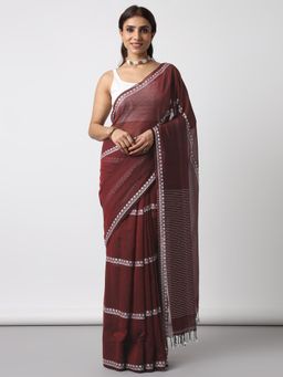 Moora - Maroon Sangria Hand Woven Mulmul Cotton Saree with Unstitched Blouse