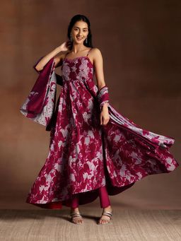 Libas - Maroon Floral Printed Anarkali Kurta with Pant and Dupatta (Set of 3)