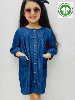 SWEETLIME BY AS - Full Sleeves Strawberry Printed Denim Organic Dress - Lt Blue