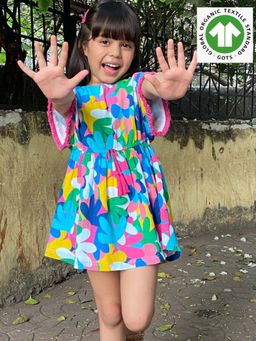 SWEETLIME BY AS - Half Sleeves Floral Print Kaftan Dress- Multicolor