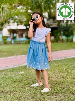 SWEETLIME BY AS - Pretty Broderie Skirt and Frill Sleeve Jersey Dress - White Blue