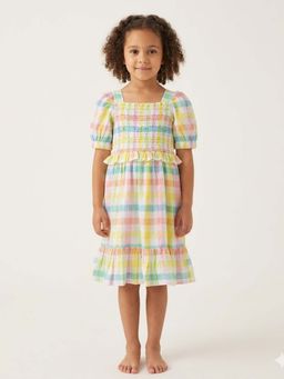 SWEETLIME BY AS - Cotton Checkered A Line Dress With Smoking Yoke
